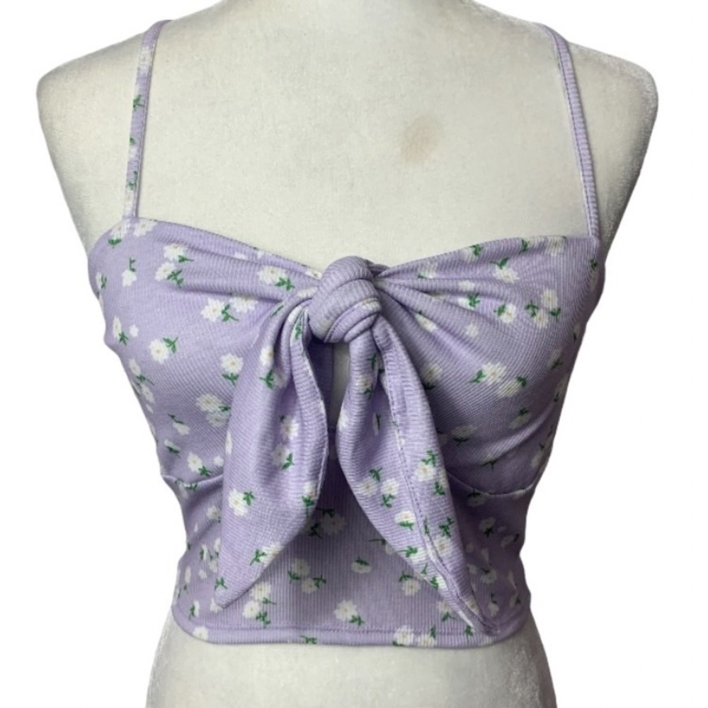 Shein Tie Front Ribbed Ditsy Floral Crop Tank Top